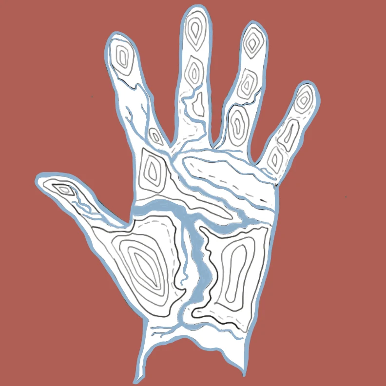 A hand-drawn open palm mapped like a landscape, with contour lines on the fingers and blue rivers running through the palm, on a red ground