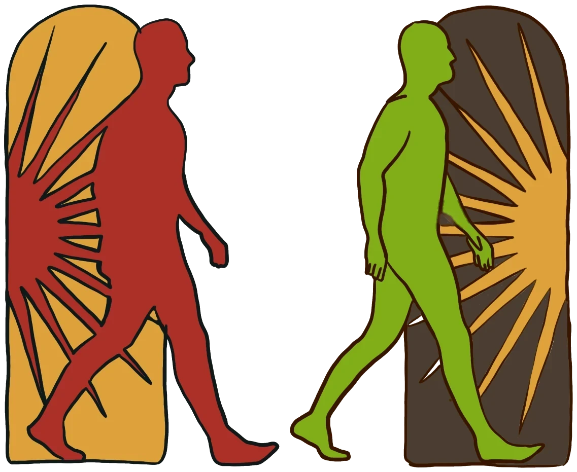Two figures stride through glowing arched doorways: a red figure steps out of a mustard door as a green figure steps into a dark brown one