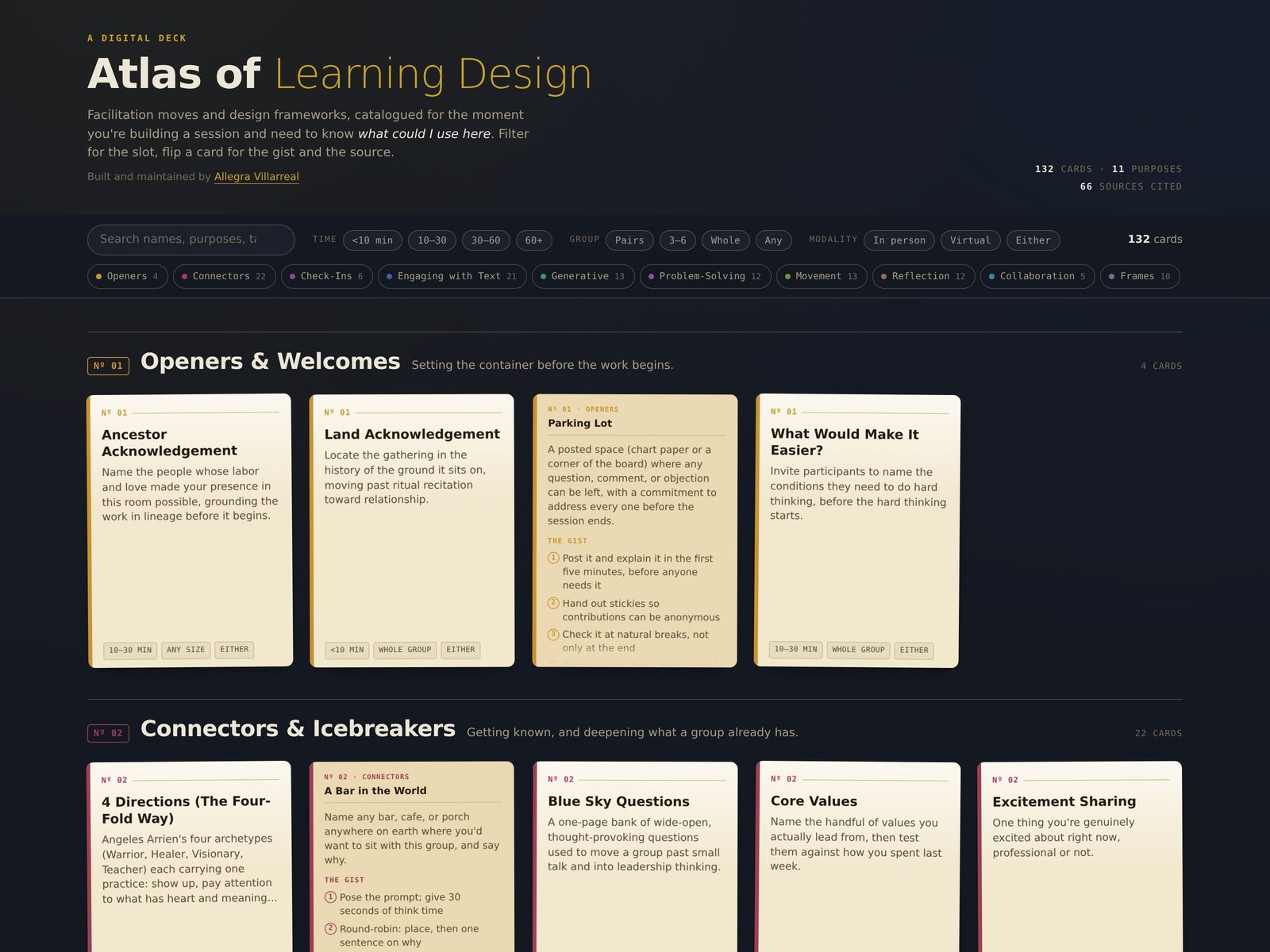 Atlas of Learning Design — flip-card dashboard of facilitation protocols