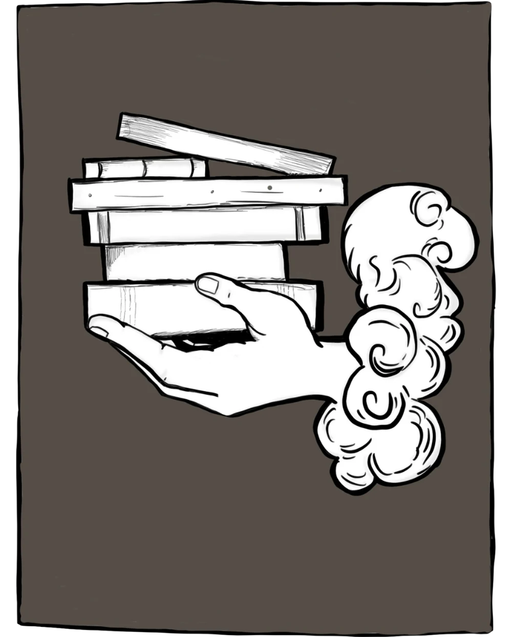 A hand reaches out of a cloud, carrying a tall stack of books on a dark brown ground