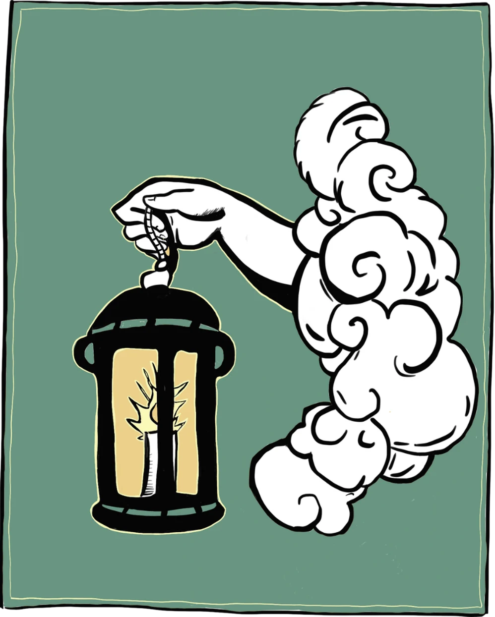 A hand reaches out of a cloud, holding up a lit lantern on a sage green ground