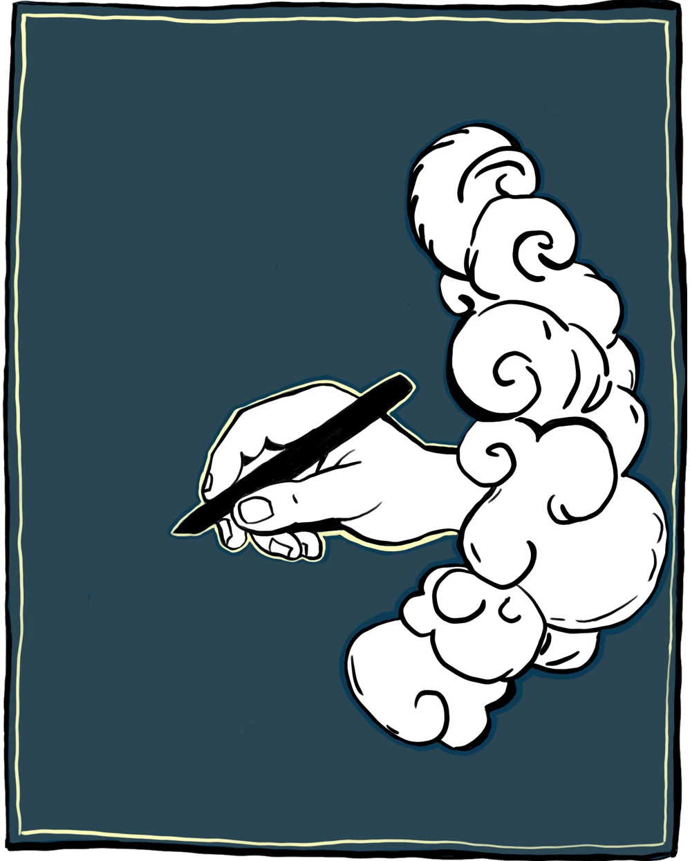 A hand reaches out of a cloud, writing with a long black pen on a deep blue ground