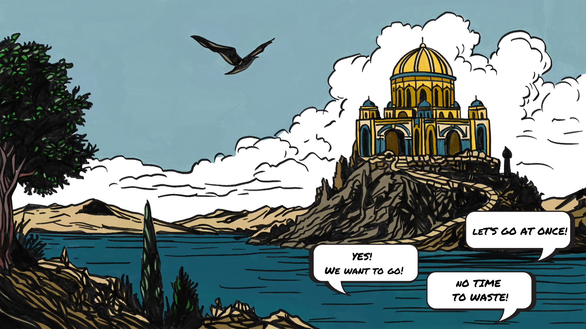 Vision of Simorgh's palace atop Mt. Qaf, birds declaring Let's go at once!