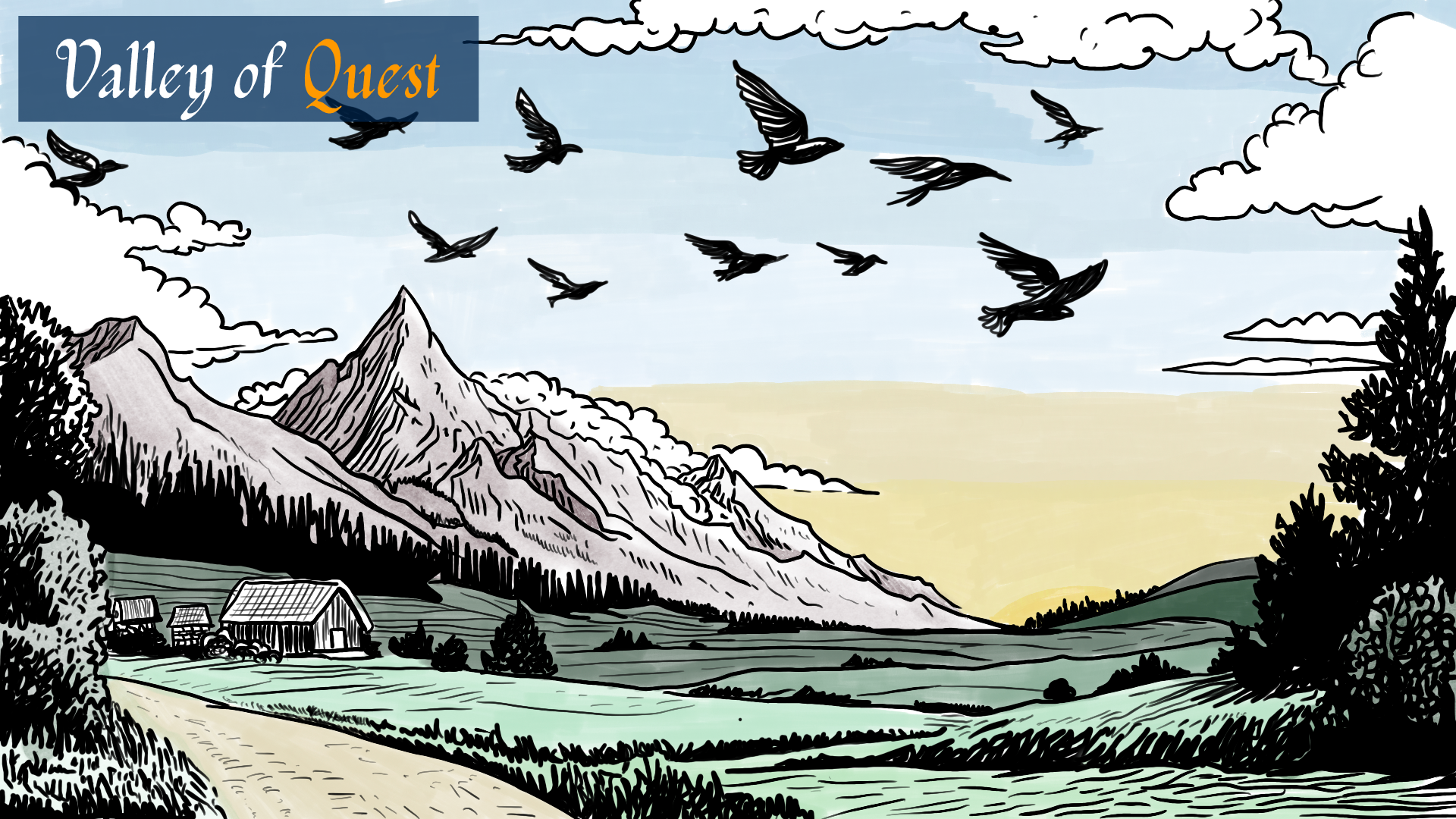 Valley of Quest — birds flying over a wide mountain landscape at dawn