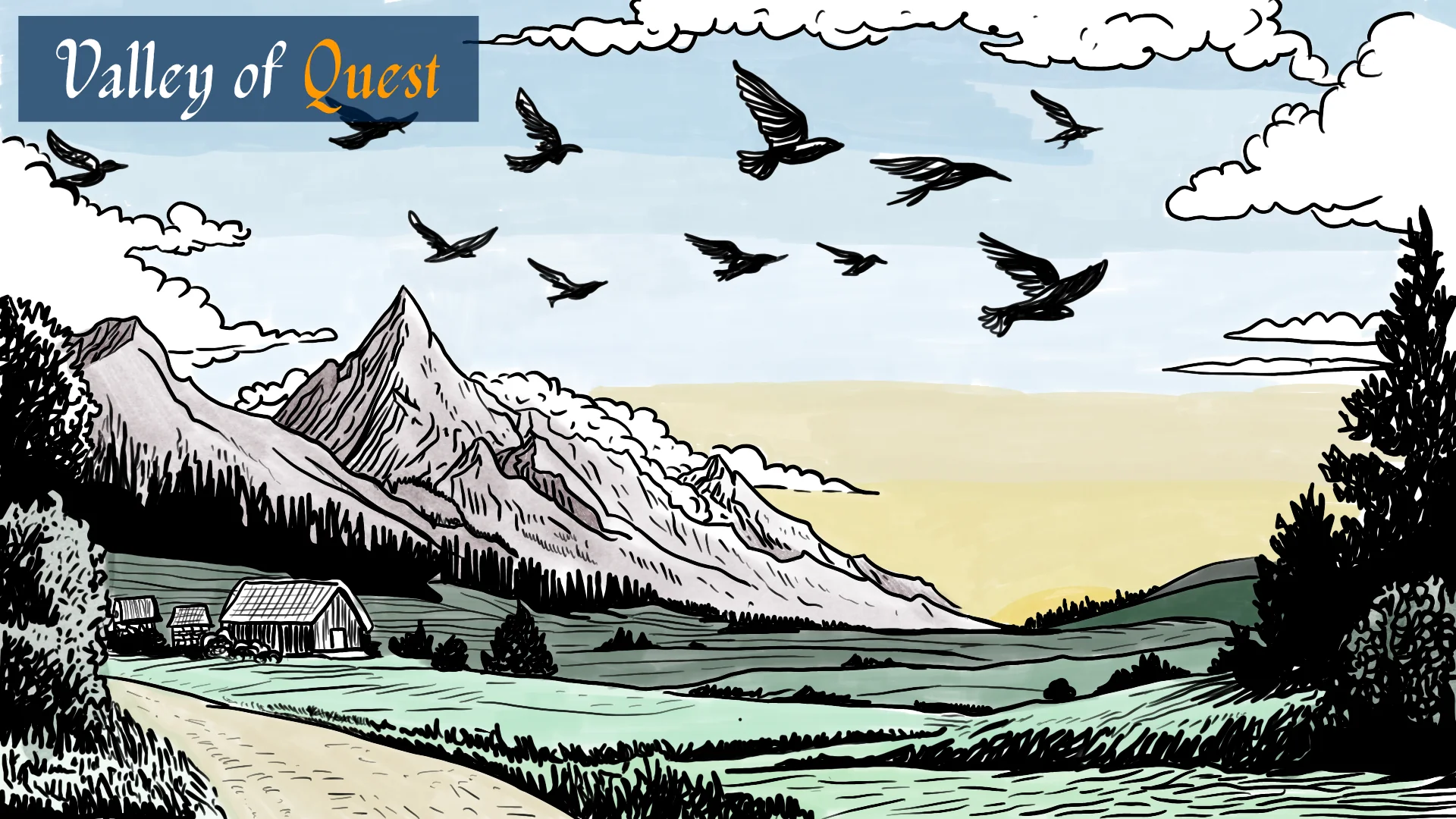 Valley of Quest — birds flying over a wide mountain landscape at dawn