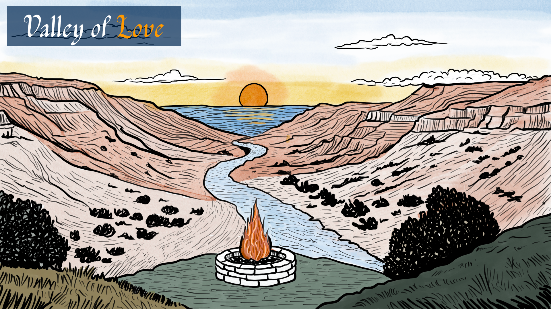 Valley of Love — a canyon at sunset with a lone fire burning at the center
