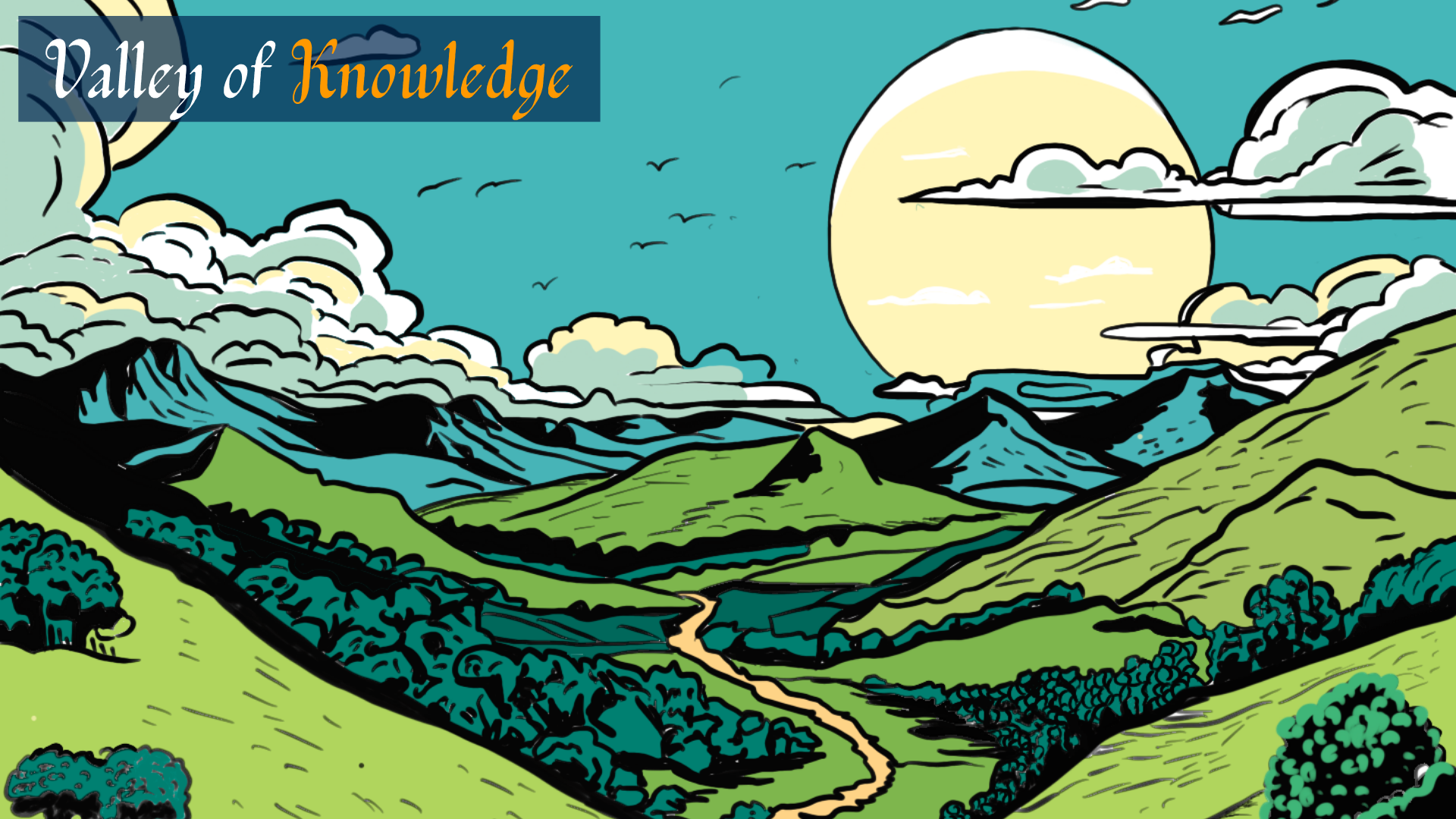 Valley of Knowledge — a lush green valley under two great suns