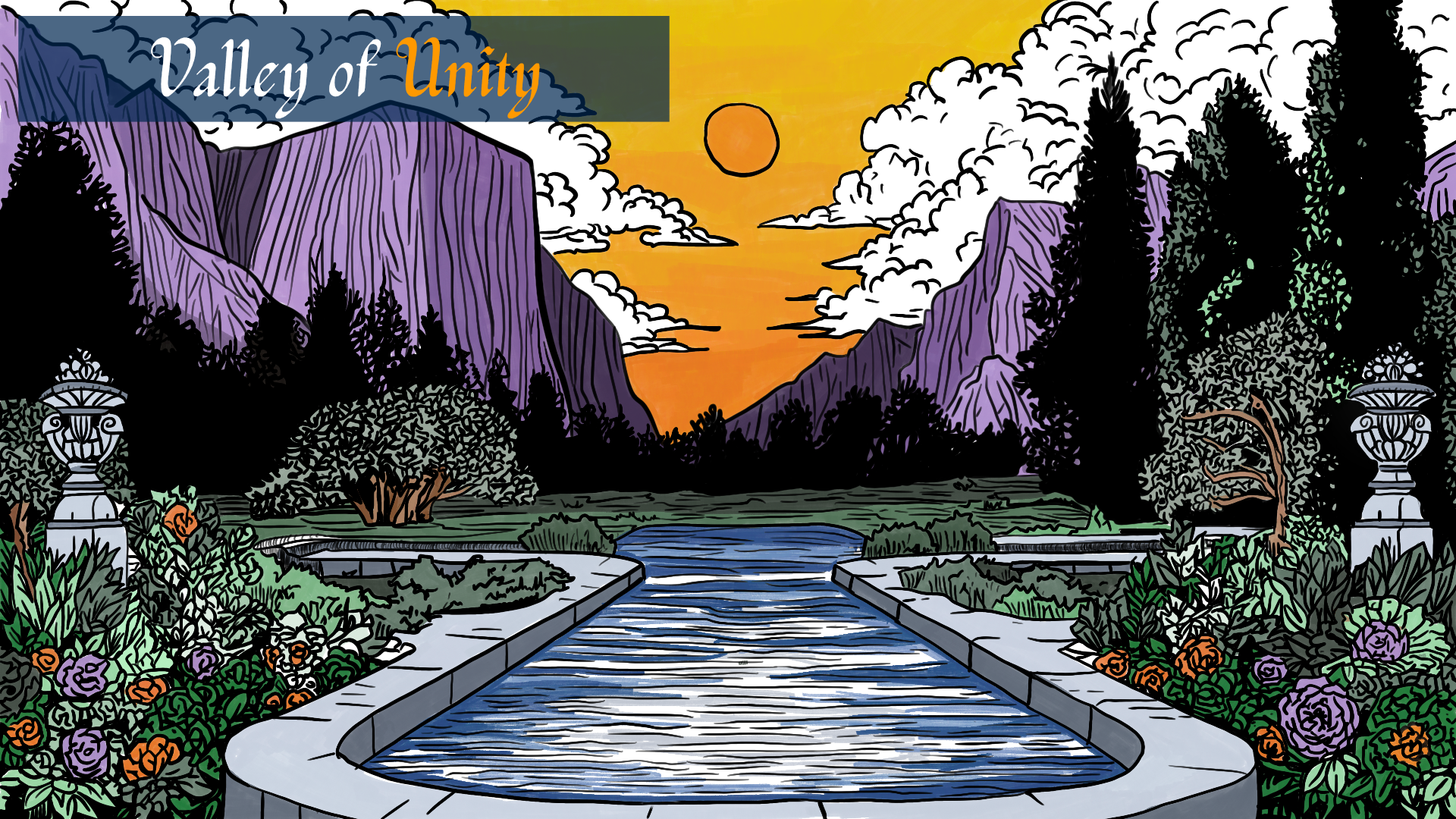 Valley of Unity — a formal garden with a reflecting pool opening into purple mountains at sunset