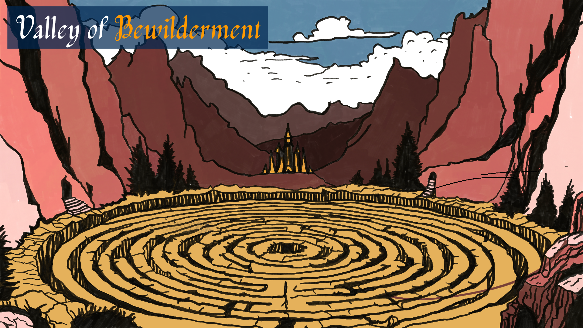 Valley of Bewilderment — a great stone labyrinth in a canyon, with a distant glowing tower