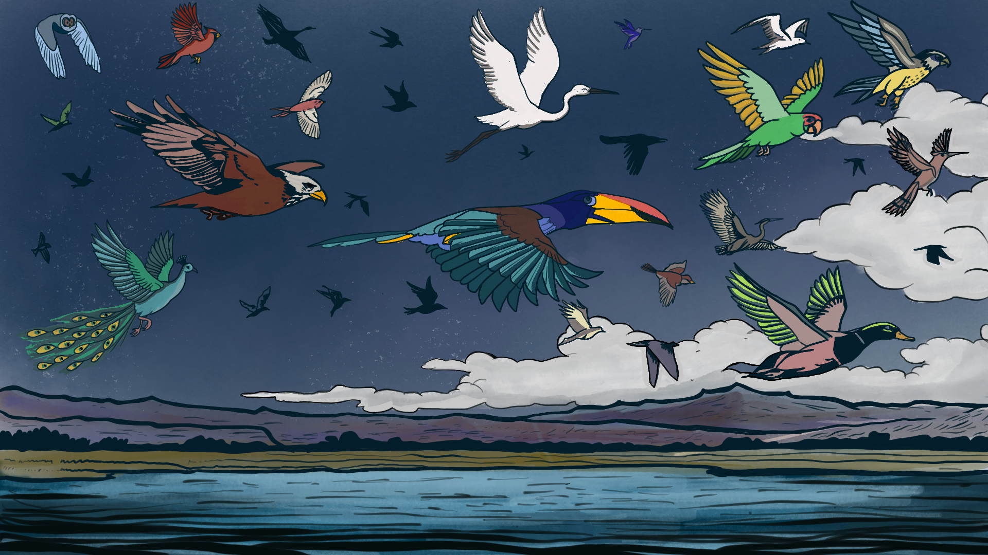 The thirty birds flying in glorious diversity over a wide lake at dusk